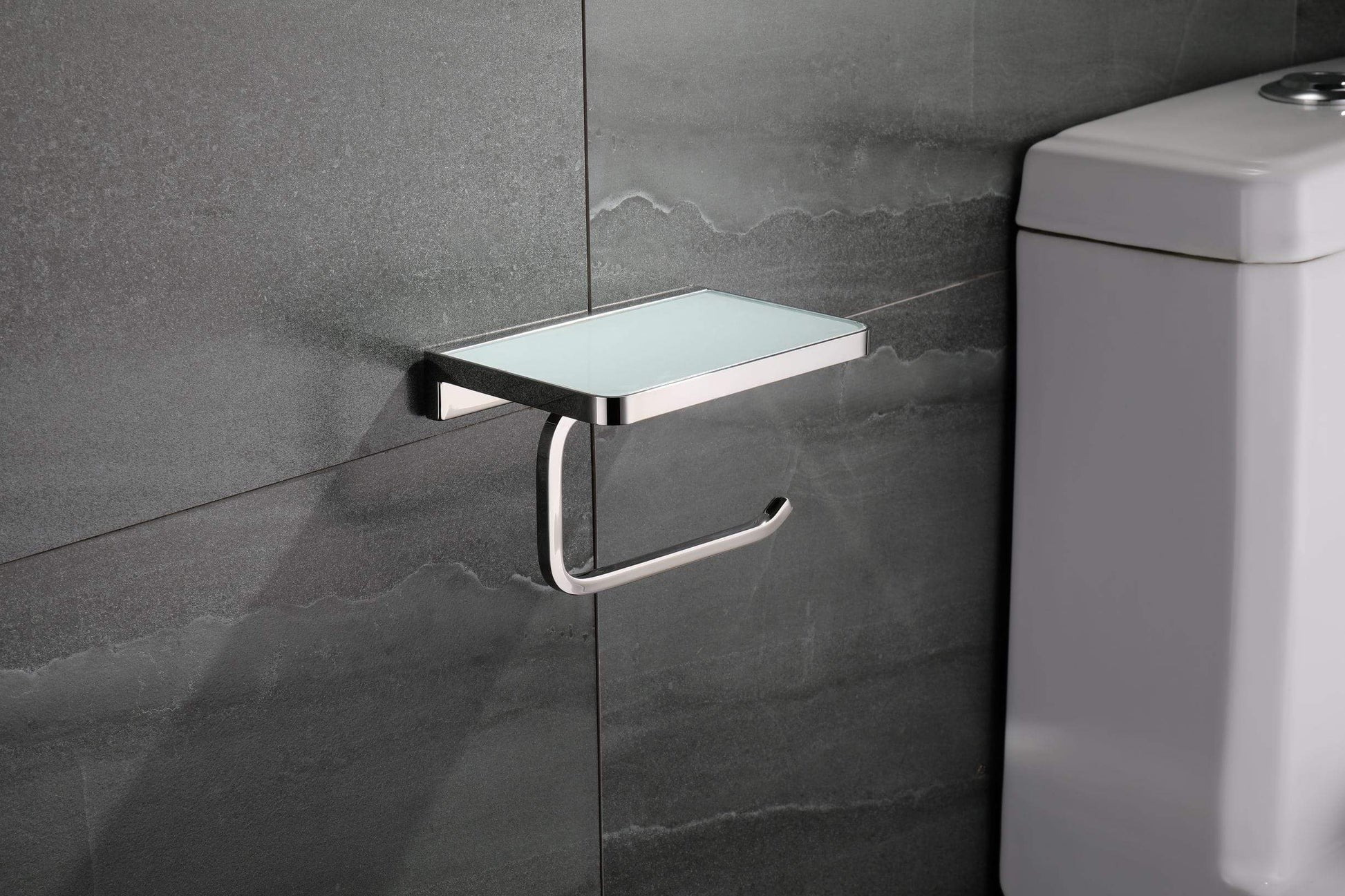Lexora Bathroom Accessory Set Bagno Bianca Stainless Steel White Glass Shelf w/ Toilet Paper Holder