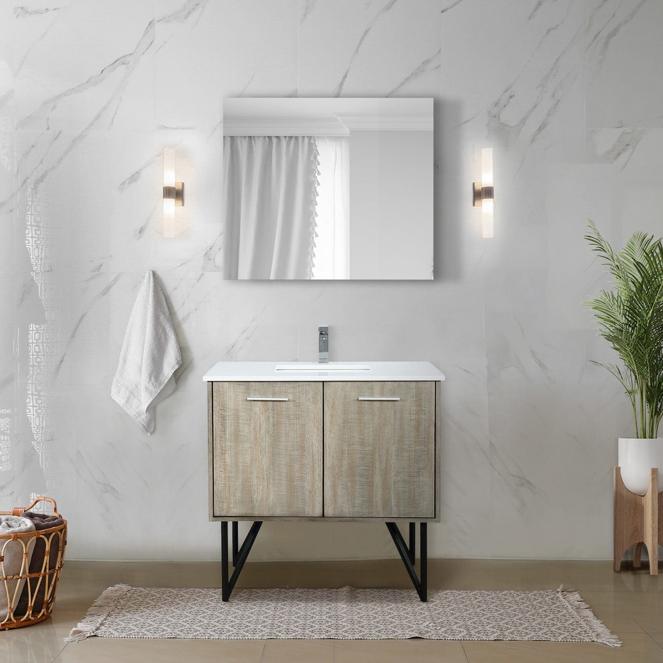 Lexora Bathroom Vanity Lancy  48" x 20" Rustic Acacia Bath Vanity, Cultured Marble Top, Brushed Nickel Faucet Set and 43" Mirror