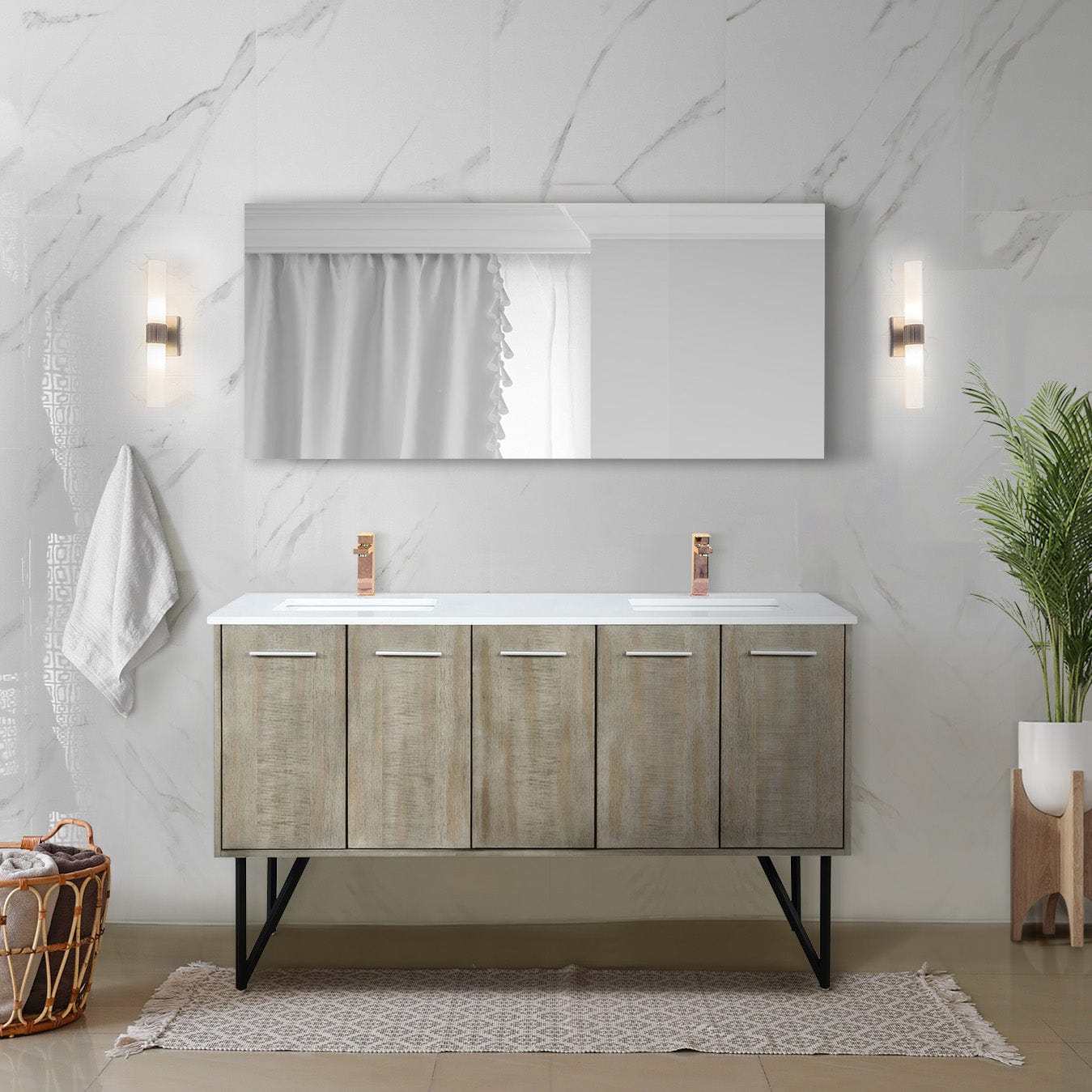 Lexora Bathroom Vanity Cultured Marble / Rose Gold Faucet / No Mirror Lancy  60" Double Bathroom Vanity