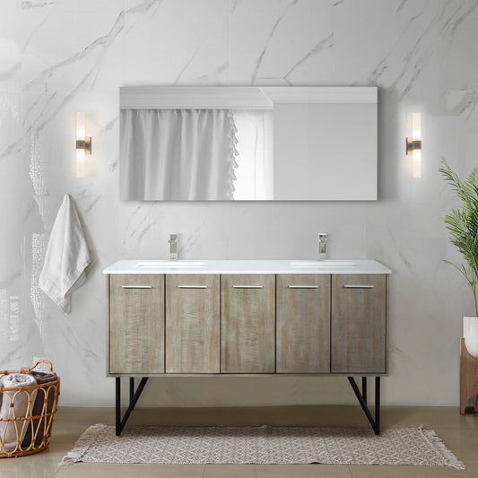 Lexora Bathroom Vanity Lancy  60" x 20" Rustic Acacia Double Bath Vanity, Cultured Marble Top, Brushed Nickel Faucet Set and 55" Mirror
