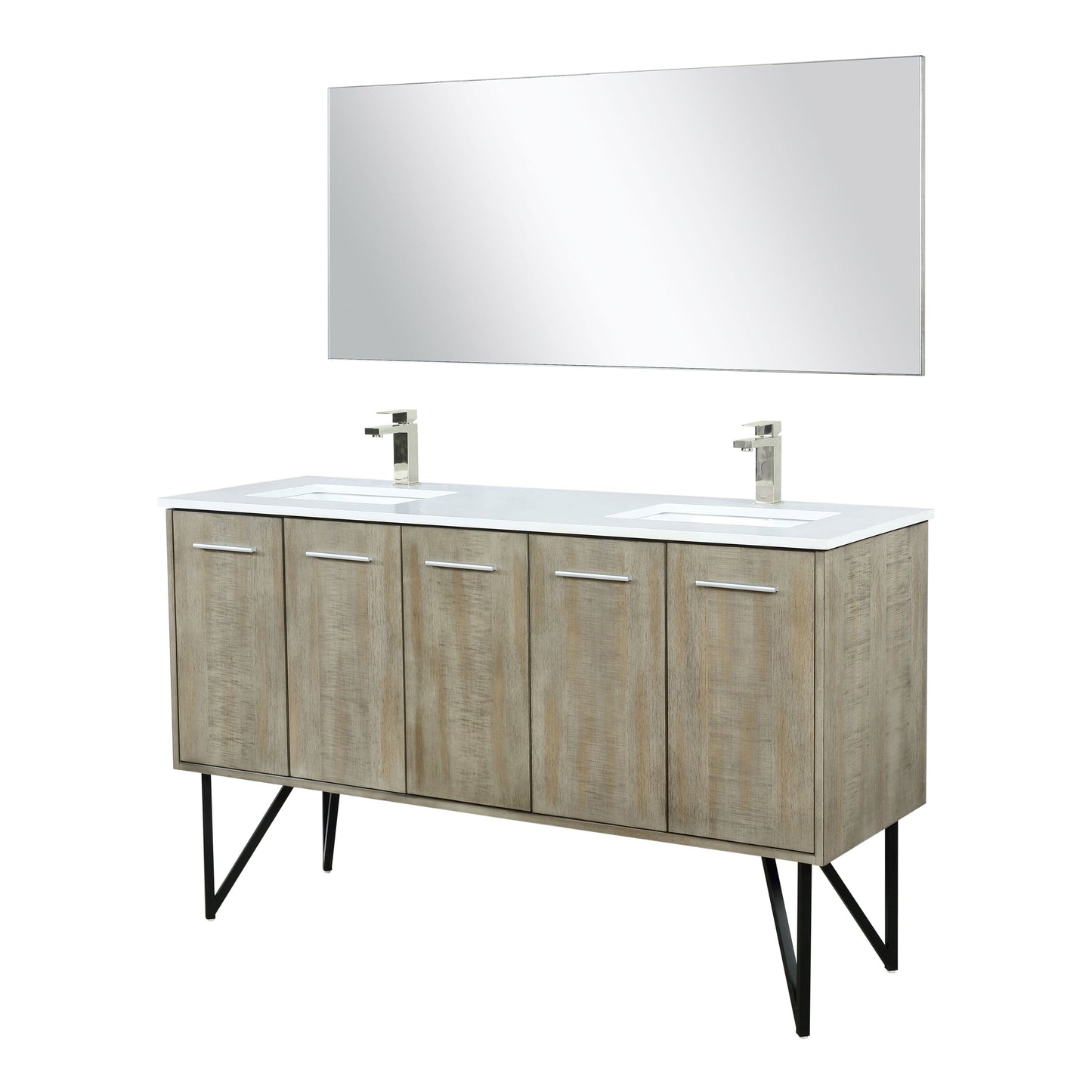 Lexora Bathroom Vanity Lancy  60" x 20" Rustic Acacia Double Bath Vanity, Cultured Marble Top, Brushed Nickel Faucet Set and 55" Mirror