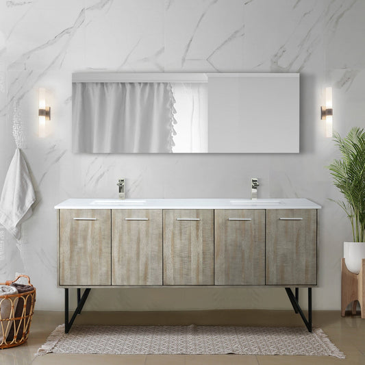 Lexora Bathroom Vanity Lancy  72" x 20" Rustic Acacia Double Bath Vanity, Cultured Marble Top, Brushed Nickel Faucet Set and 70" Mirror