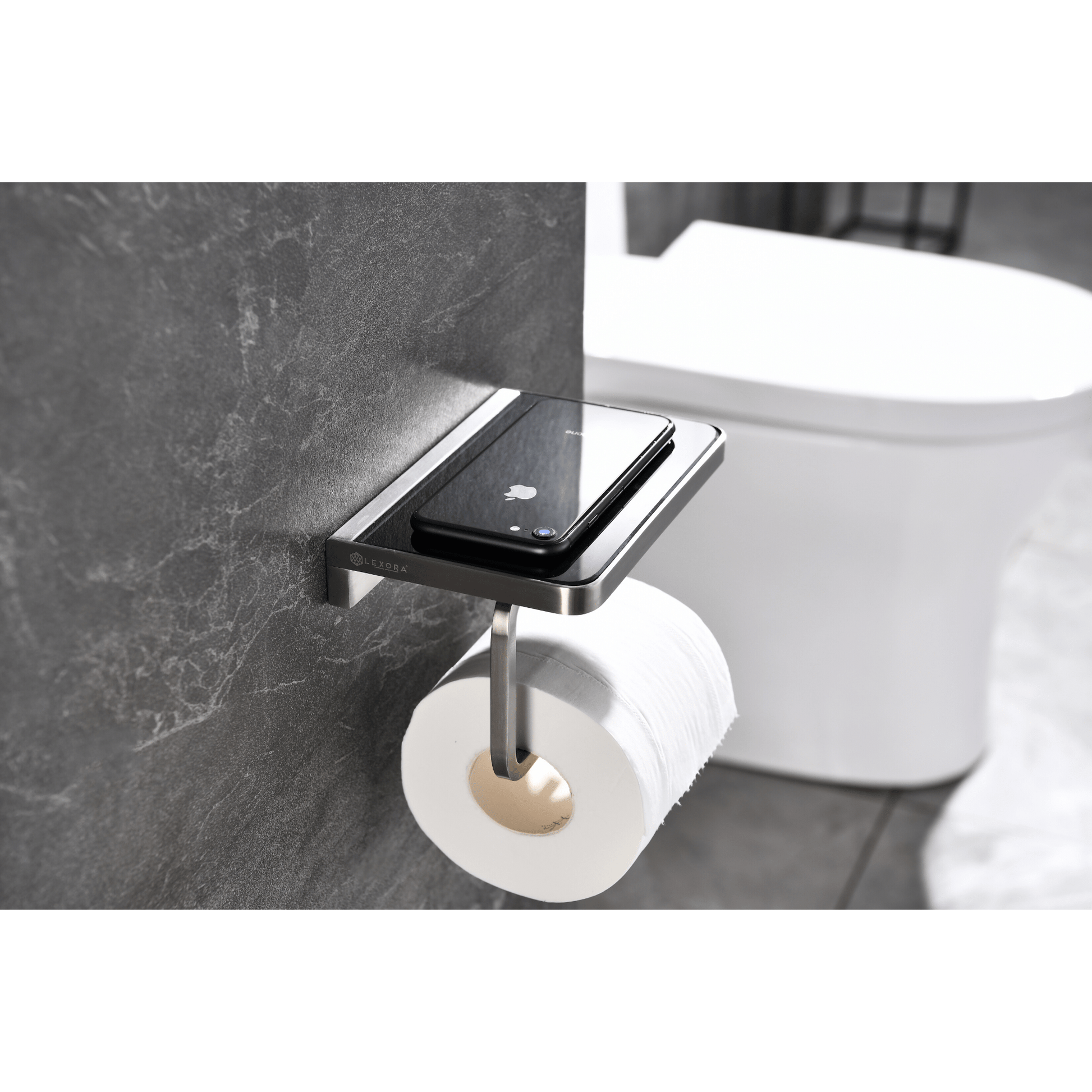 Lexora Bathroom Accessory Set Bagno Bianca Stainless Steel Black Glass Shelf w/ Toilet Paper Holder