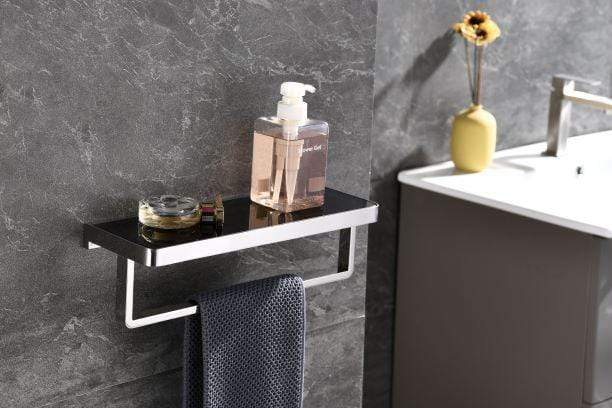 Lexora Bathroom Accessory Set Bagno Bianca Stainless Steel Black Glass Shelf w/ Towel Bar