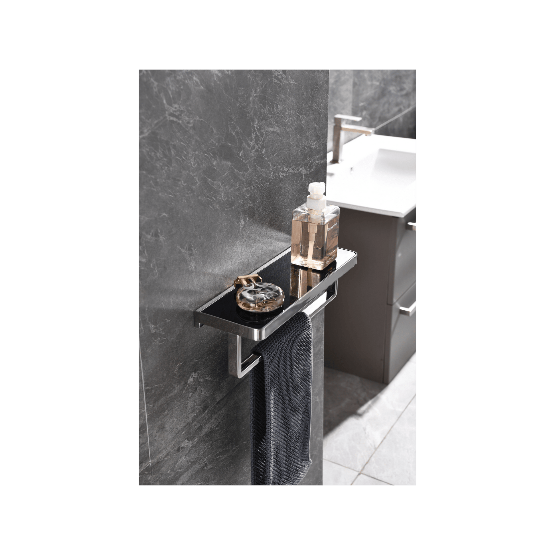 Lexora Bathroom Accessory Set Bagno Bianca Stainless Steel Black Glass Shelf w/ Towel Bar