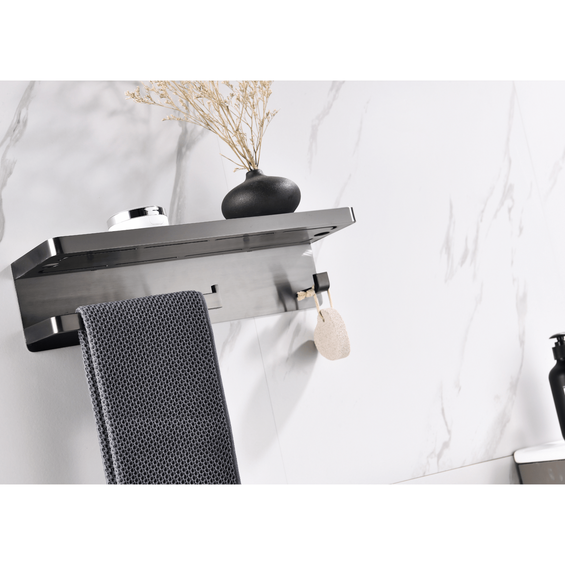 Lexora Bathroom Accessory Set Bagno Bianca Stainless Steel Black Glass Shelf w/ Towel Bar & Robe Hook