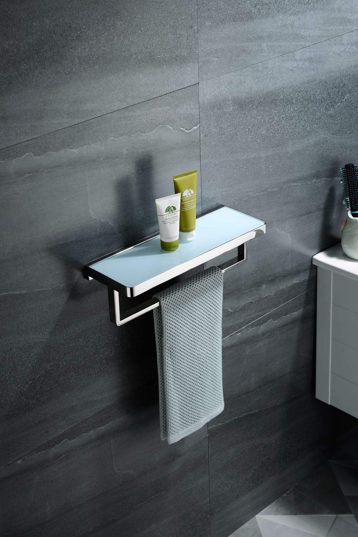 Lexora Bathroom Accessory Set Bagno Bianca Stainless Steel White Glass Shelf w/ Towel Bar