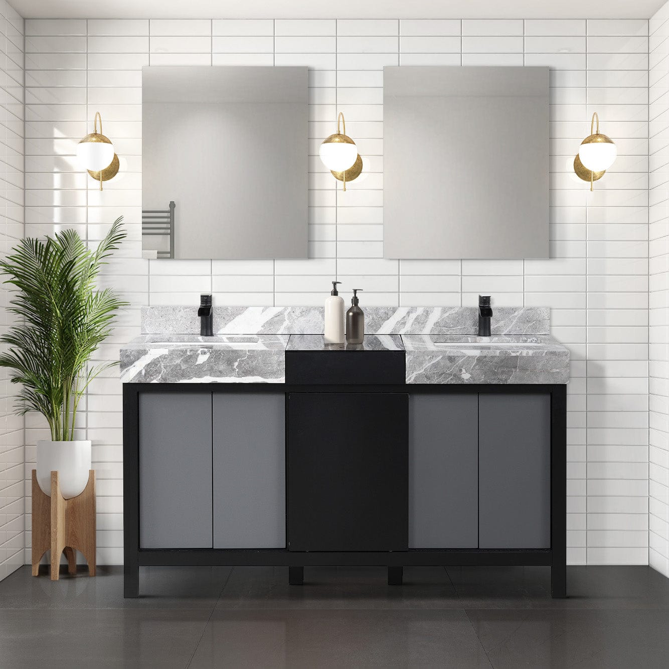 Lexora Bathroom Vanity Castle Grey Marble / Casper Nera Matte Black Faucet / 28" Frameless Mirrors (2) Vinter 60" Black and Grey Double Vanity