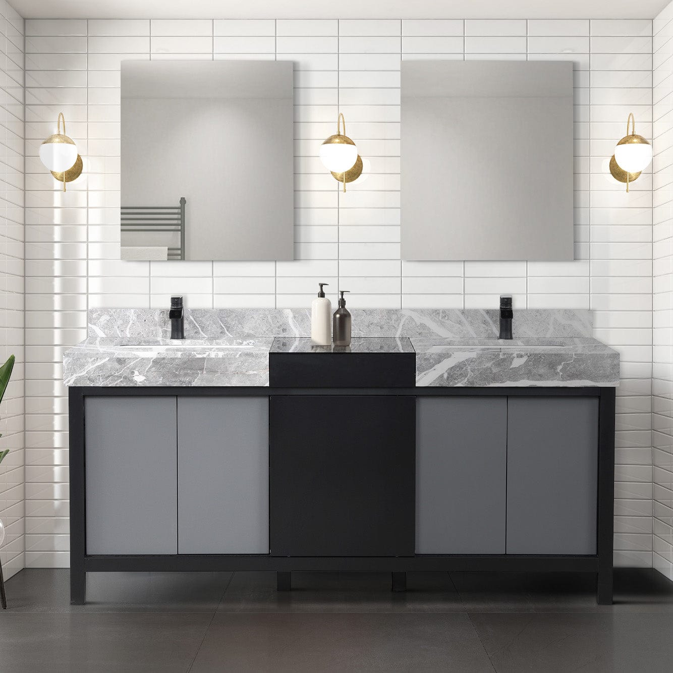Lexora Bathroom Vanity Castle Grey Marble / Casper Nera Matte Black Faucet / 28" Frameless Mirrors Vinter 72" Black and Grey Double Vanity