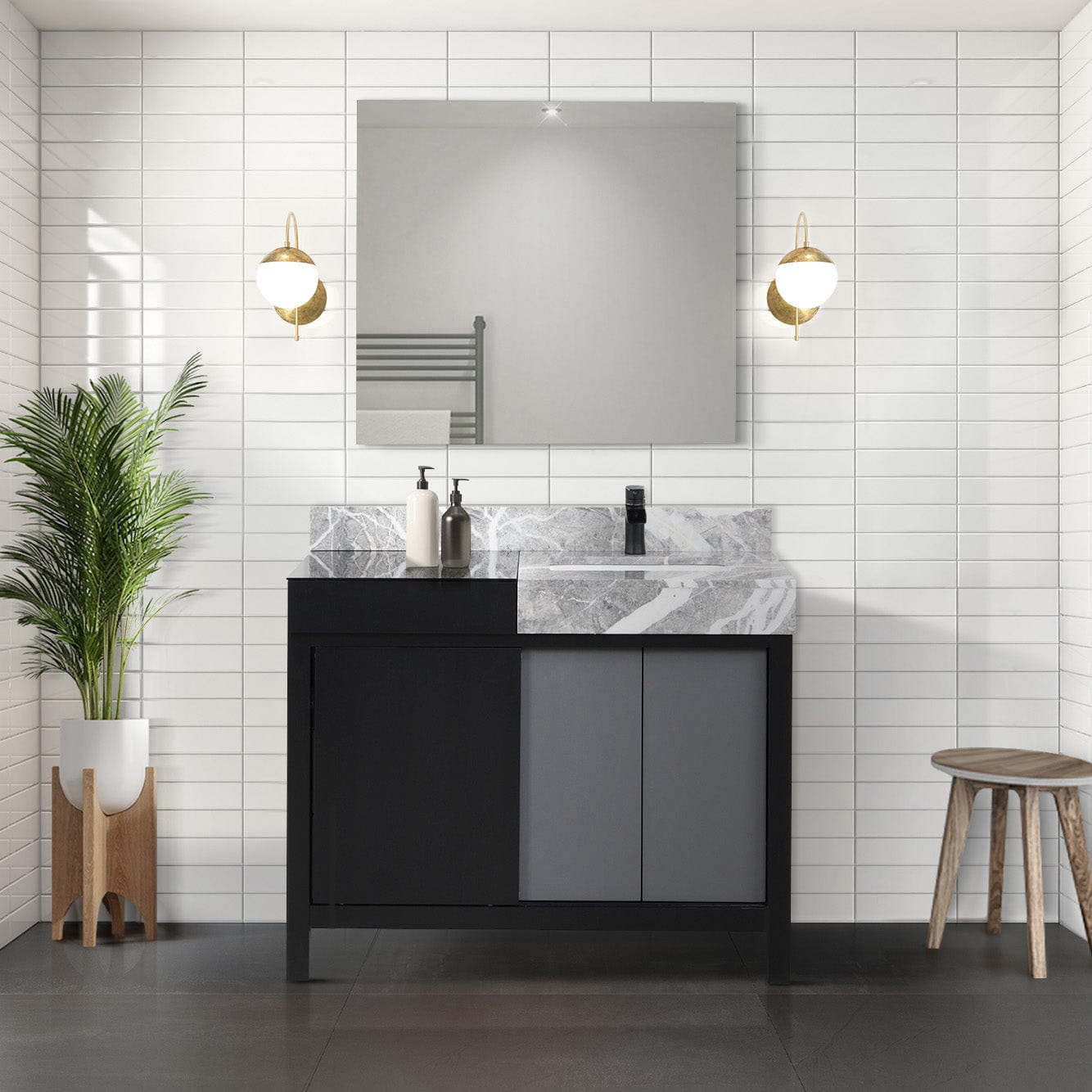 Lexora Bathroom Vanity Castle Grey Marble / Casper Nera Matte Black Faucet / 34" Frameless Mirror Vinter 42" Black and Grey Vanity