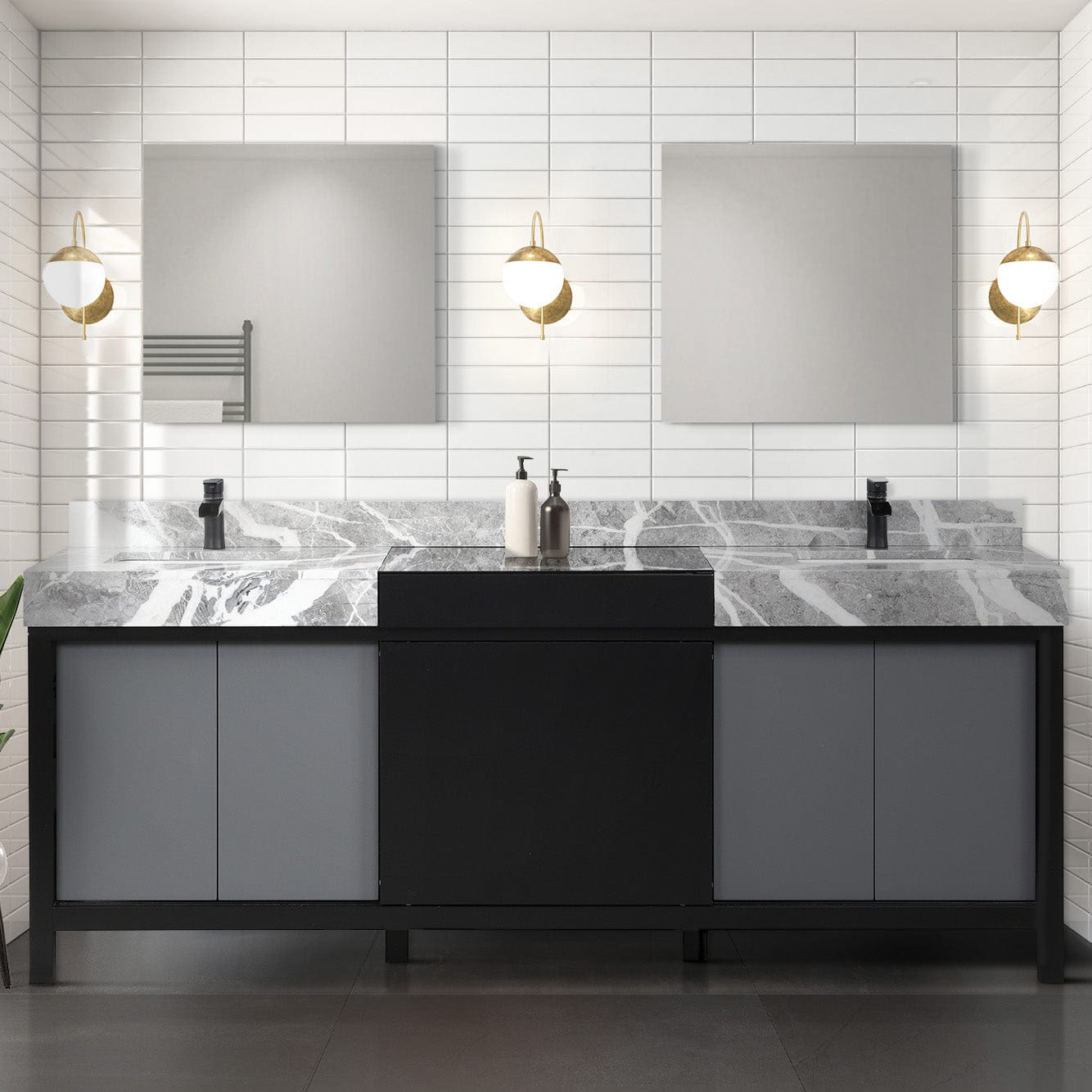 Lexora Bathroom Vanity Castle Grey Marble / Casper Nera Matte Black Faucet / 34" Frameless Mirrors (2) Vinter 84" Black and Grey Double Vanity