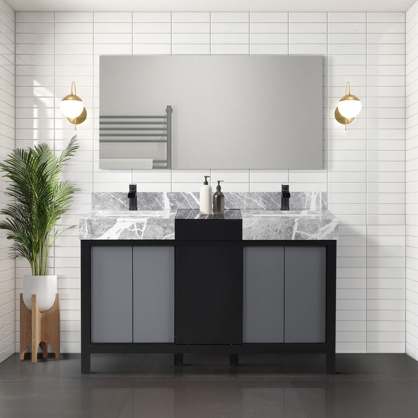 Lexora Bathroom Vanity Castle Grey Marble / Casper Nera Matte Black Faucet / 53" Frameless Mirror Vinter 55" Black and Grey Double Vanity