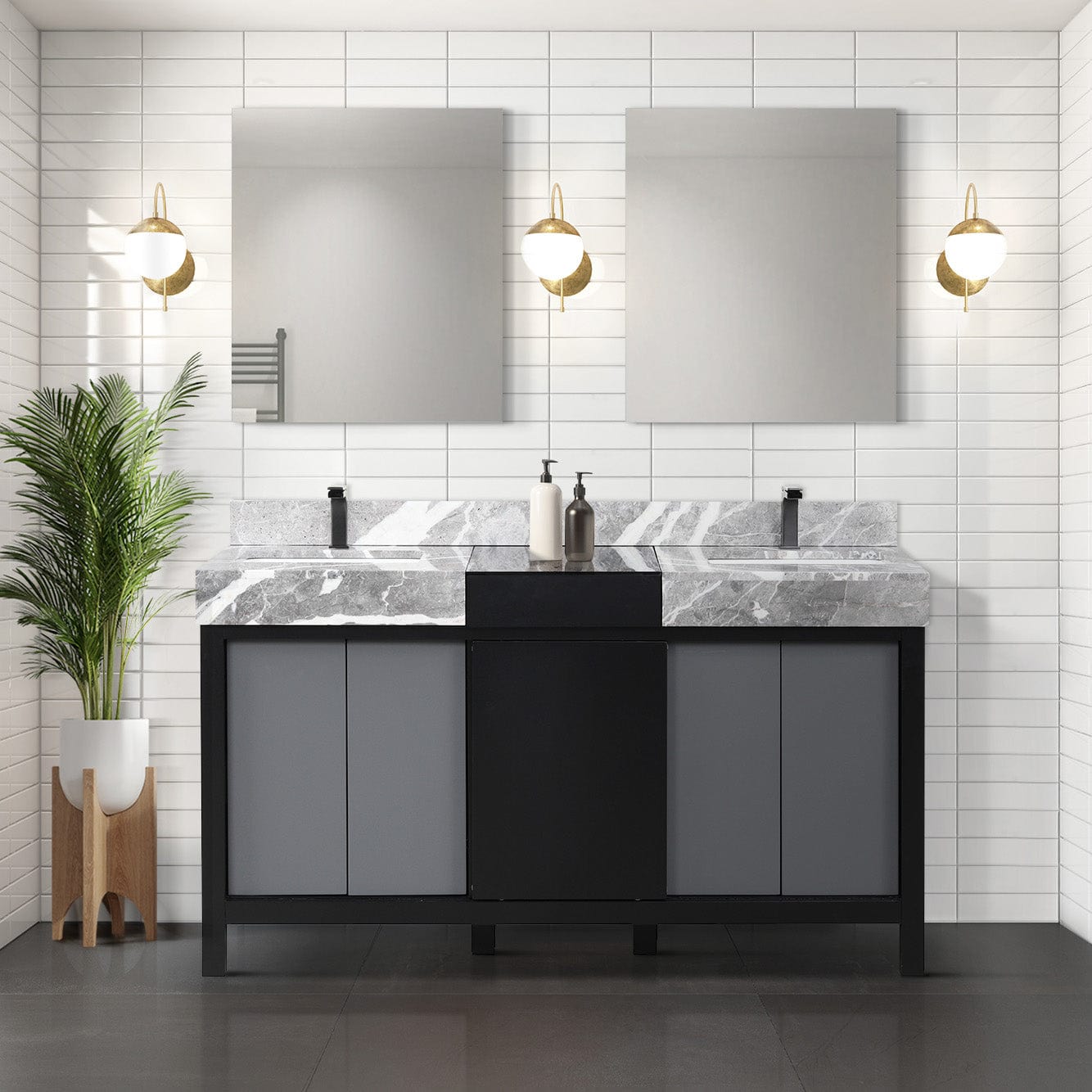 Lexora Bathroom Vanity Castle Grey Marble / Fortudo Gun Metal Faucet / No Mirror Vinter 60" Black and Grey Double Vanity
