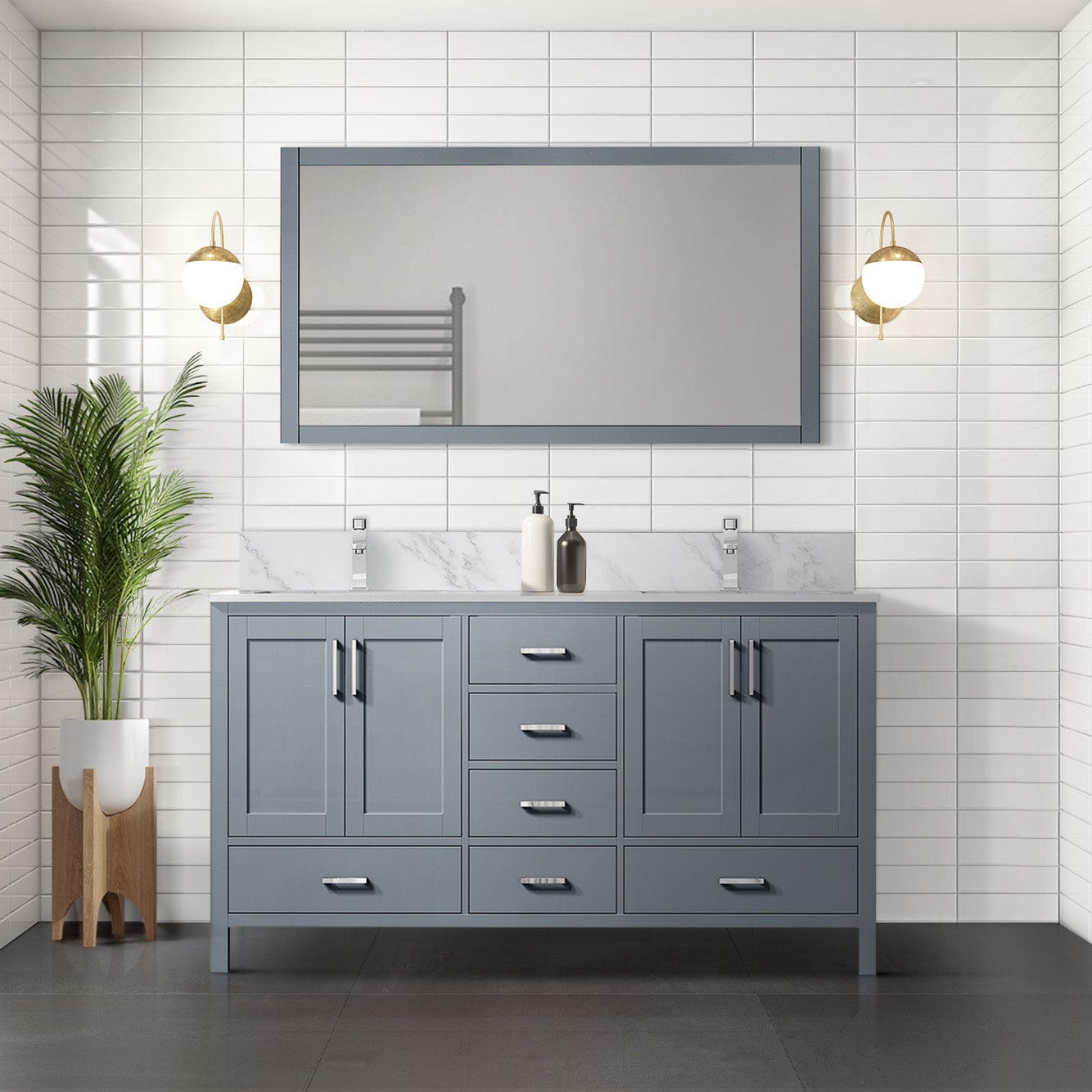 Lexora Bathroom Vanity Dark Grey / Carrara Marble / No Mirror Big Sur 60" x 22" Double Bath Vanity