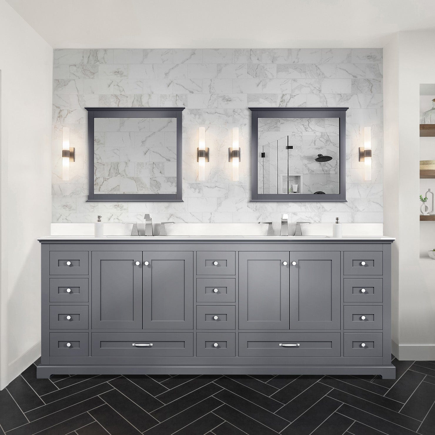 Lexora Bathroom Vanity Dark Grey / Cultured Marble / 34" Mirrors (2) Dukes 84" x 22" Double Bath Vanity