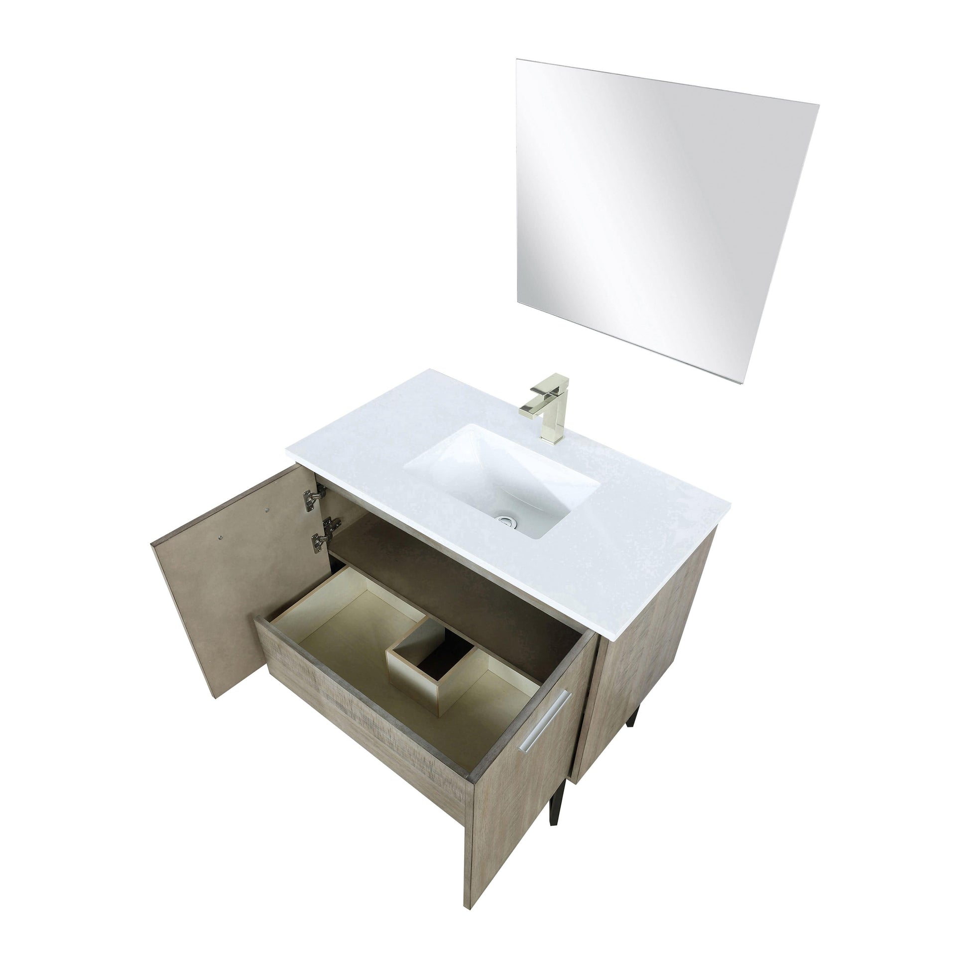 Lexora Bathroom Vanity Lancy  48" x 20" Rustic Acacia Bath Vanity, Cultured Marble Top, Brushed Nickel Faucet Set and 43" Mirror