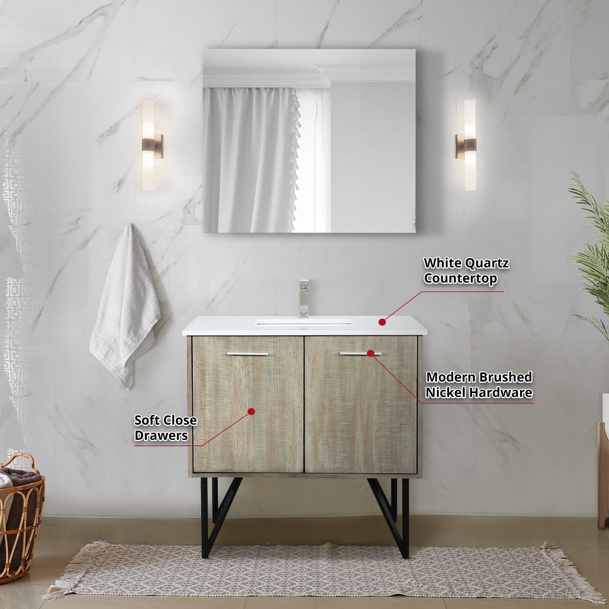 Lexora Bathroom Vanity Lancy  48" x 20" Rustic Acacia Bath Vanity, Cultured Marble Top, Brushed Nickel Faucet Set and 43" Mirror