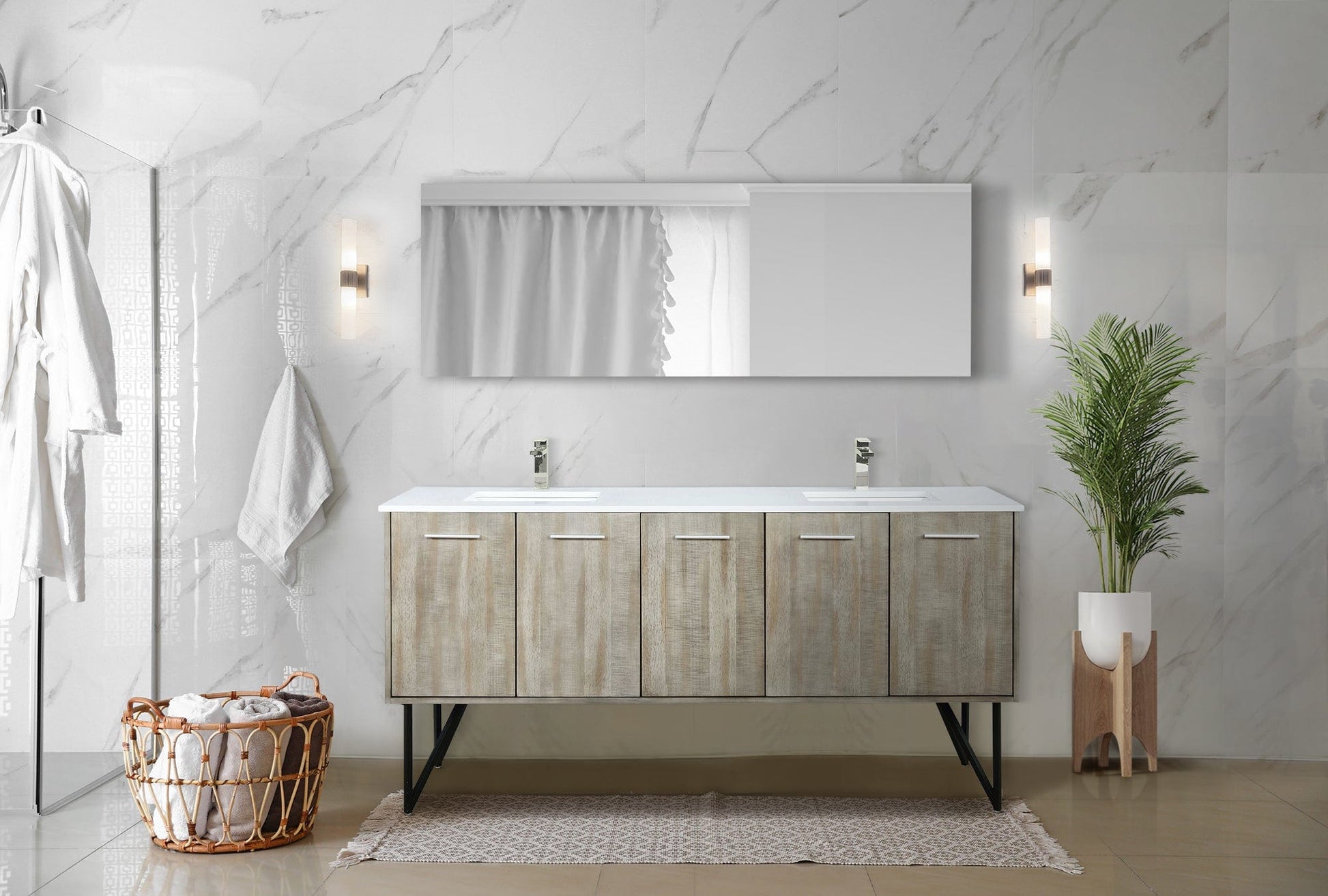 Lexora Bathroom Vanity Lancy  72" x 20" Rustic Acacia Double Bath Vanity, Cultured Marble Top, Brushed Nickel Faucet Set and 70" Mirror