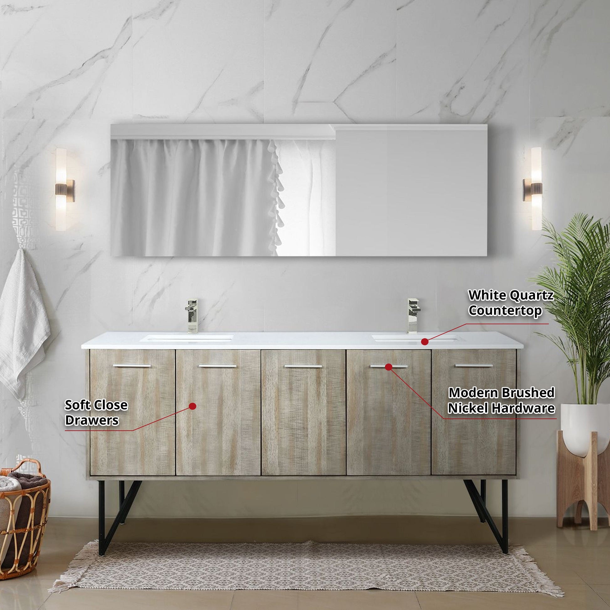 Lexora Bathroom Vanity Lancy  72" x 20" Rustic Acacia Double Bath Vanity, Cultured Marble Top, Brushed Nickel Faucet Set and 70" Mirror