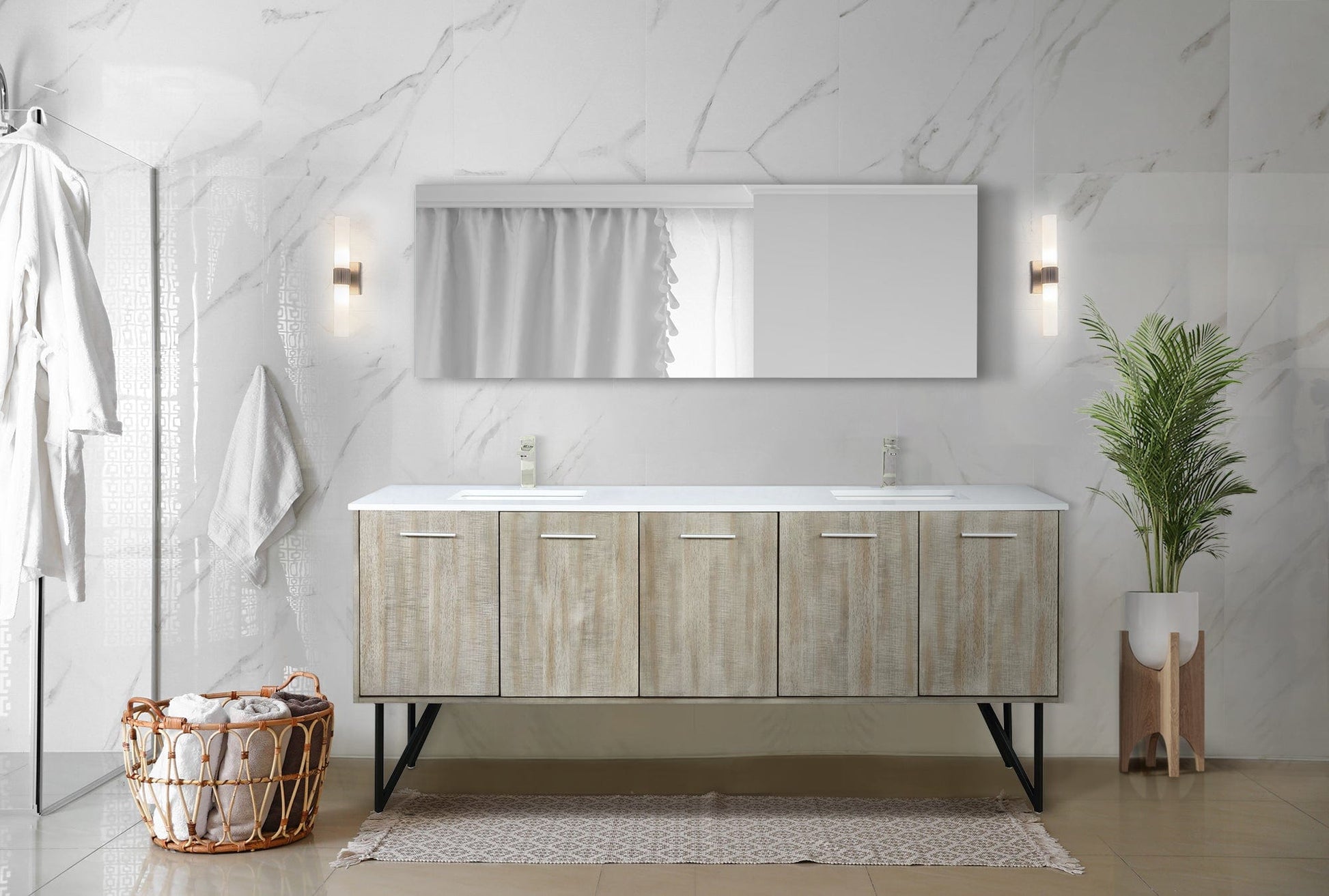 Lexora Bathroom Vanity Lancy  80 in W x 20 in D Rustic Acacia Double Bath Vanity, Cultured Marble Top, Brushed Nickel Faucet Set and 70 in Mirror
