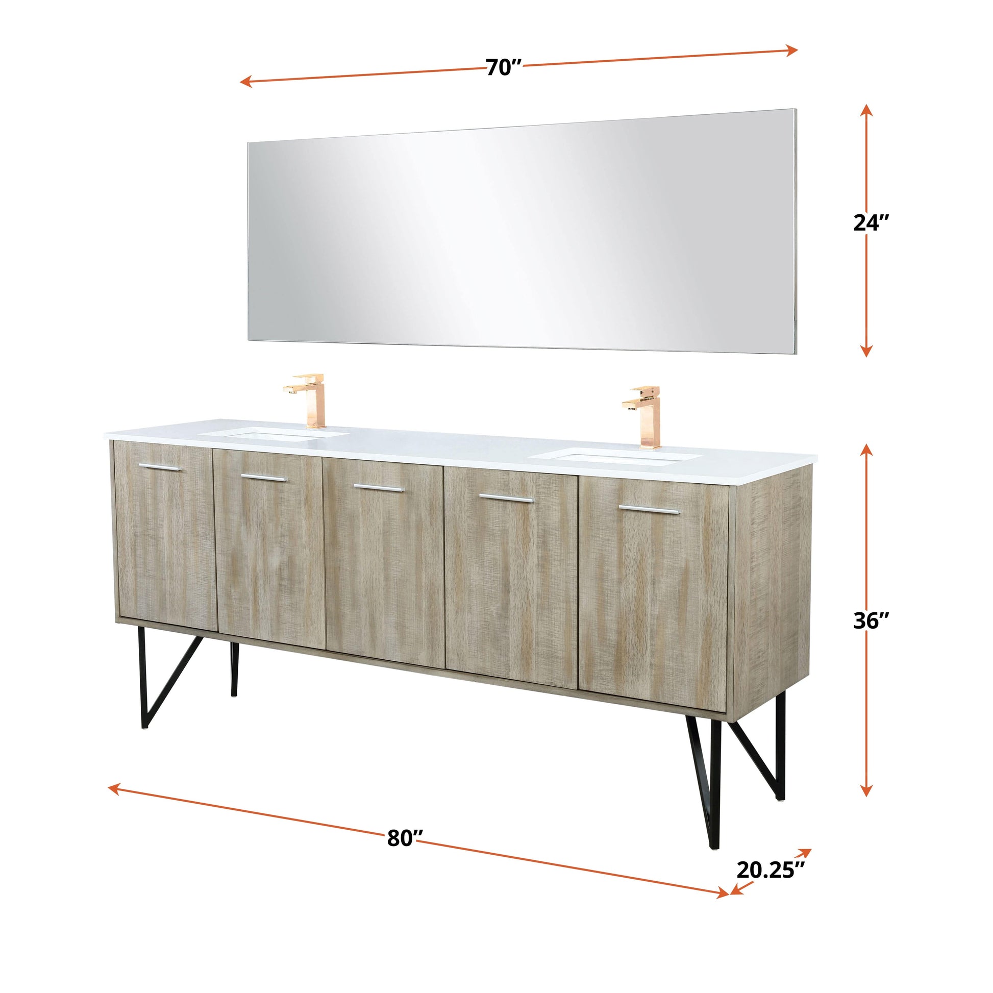 Lexora Bathroom Vanity Lancy  80 in W x 20 in D Rustic Acacia Double Bath Vanity, Cultured Marble Top, Brushed Nickel Faucet Set and 70 in Mirror