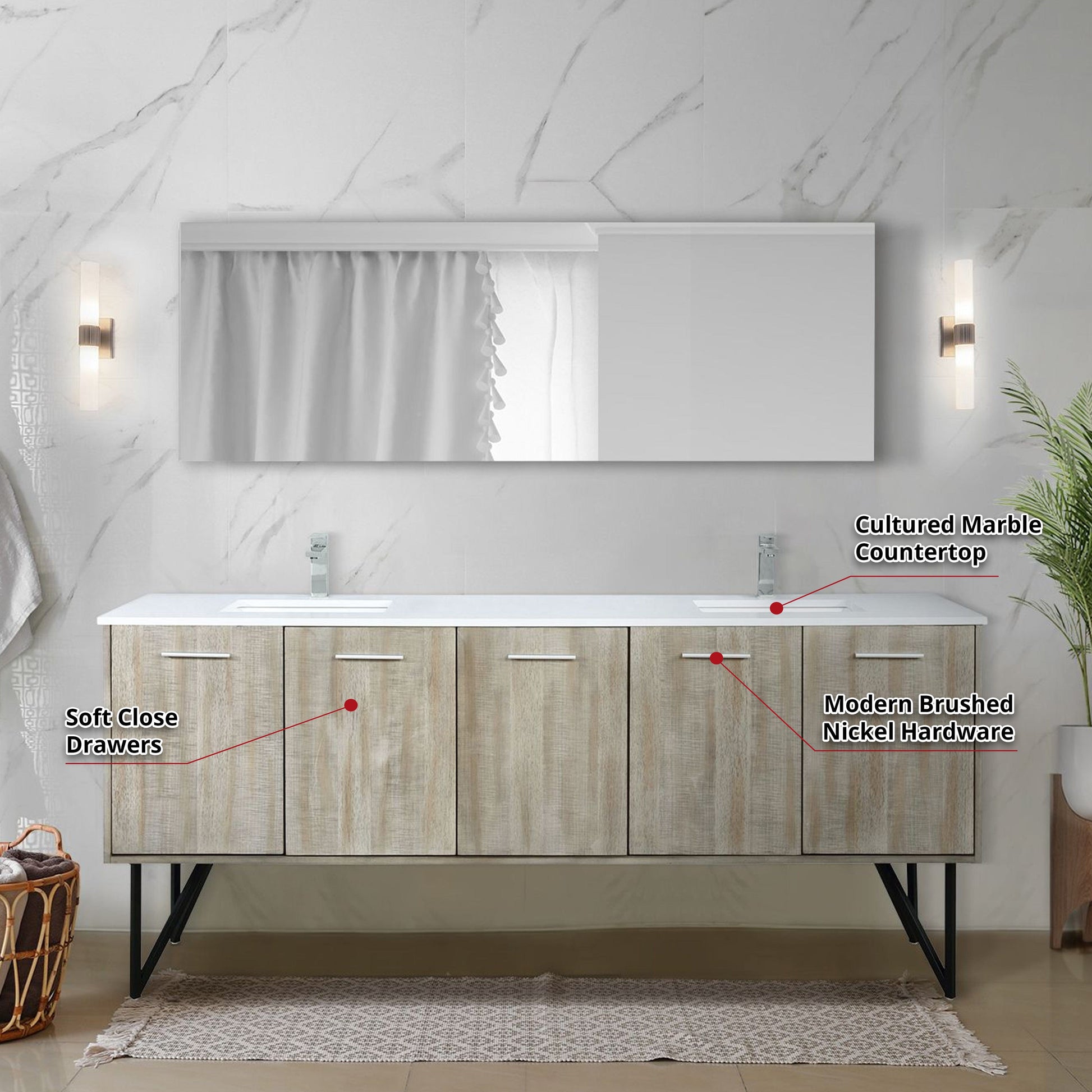 Lexora Bathroom Vanity Lancy  80 in W x 20 in D Rustic Acacia Double Bath Vanity, Cultured Marble Top, Brushed Nickel Faucet Set and 70 in Mirror