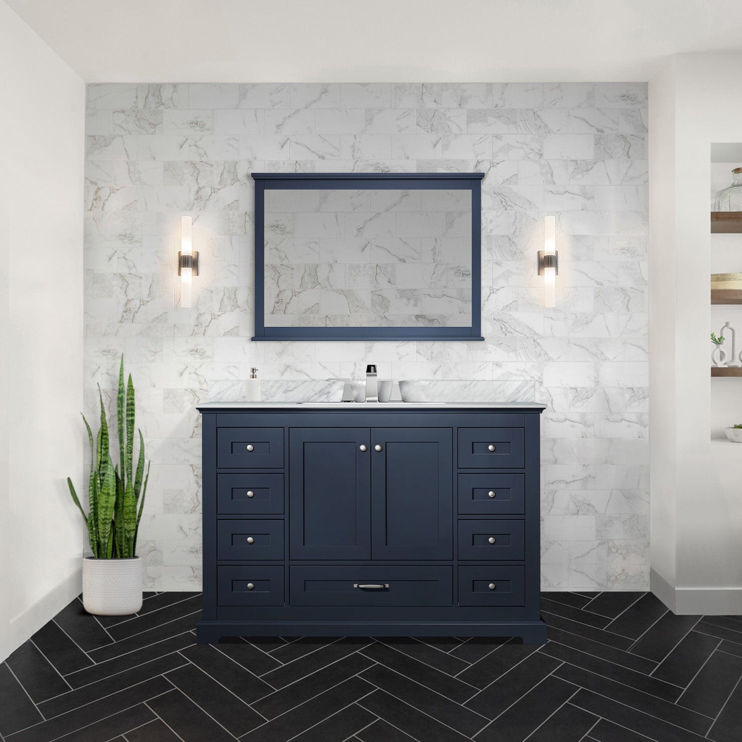 Lexora Bathroom Vanity Navy Blue / Carrara Marble / 46" Mirror Dukes 48" x 22" Single Bath Vanity