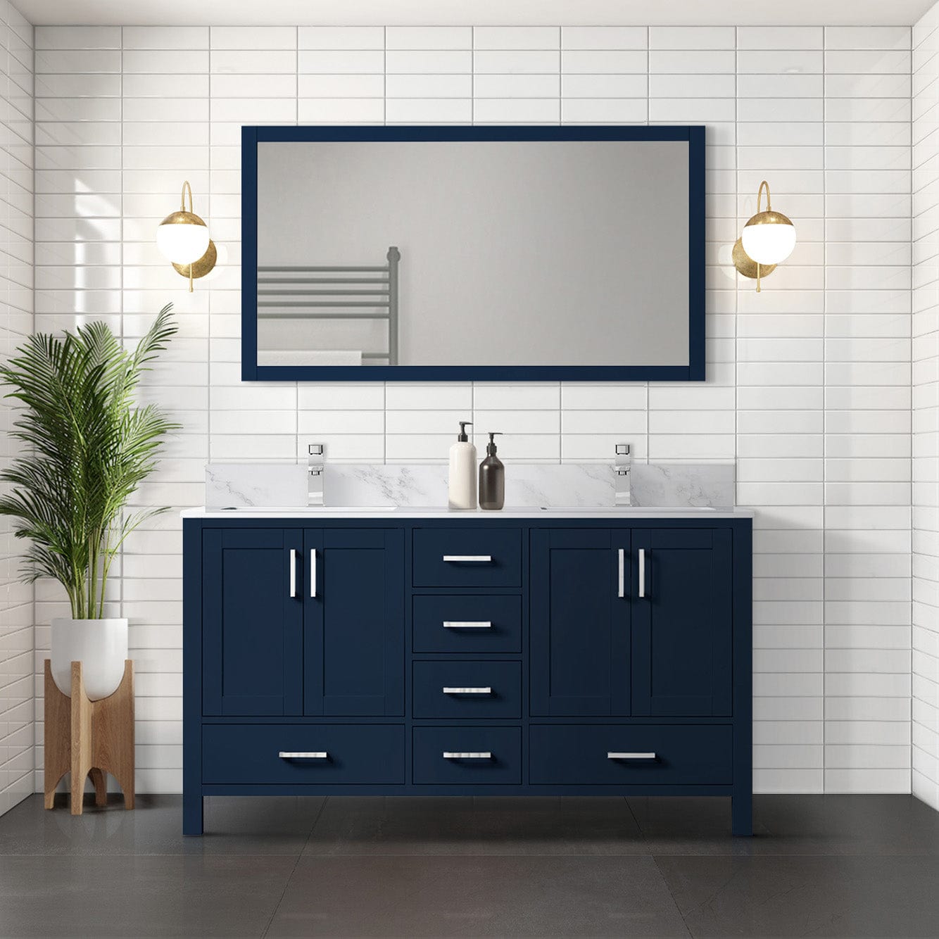Lexora Bathroom Vanity Navy Blue / Carrara Marble / No Mirror Big Sur 60" x 22" Double Bath Vanity