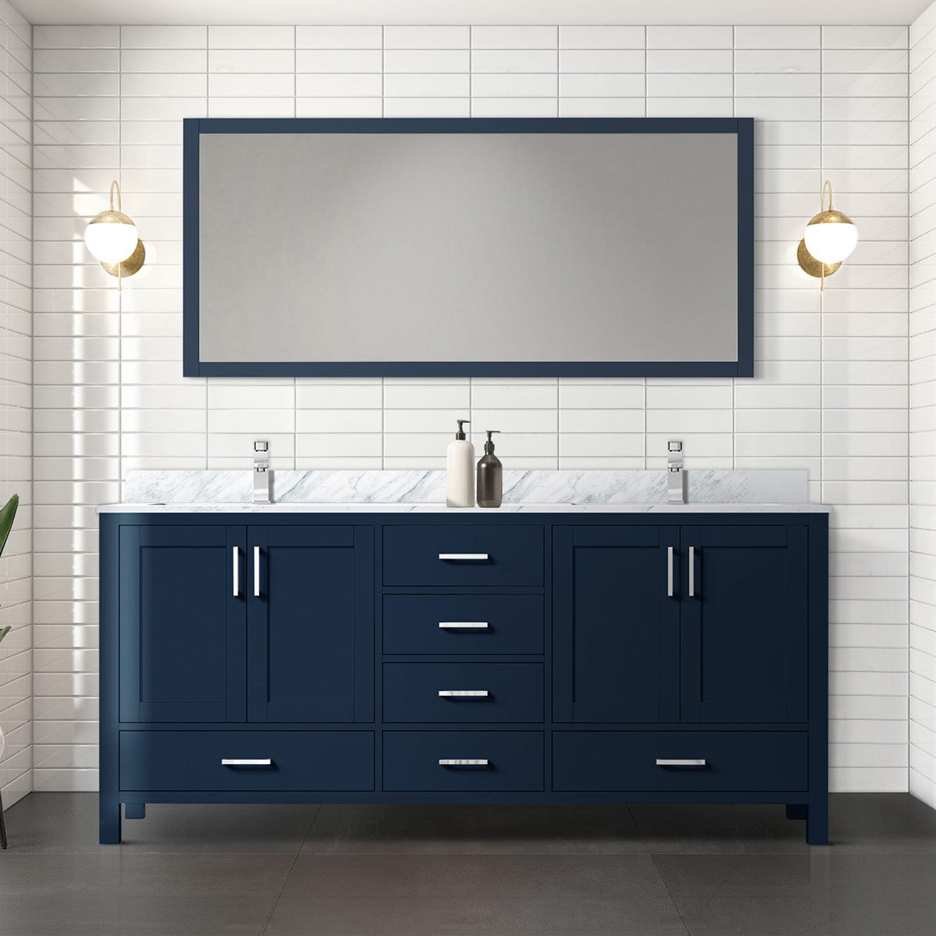 Lexora Bathroom Vanity Navy Blue / Carrara Marble / No Mirror Big Sur 72" x 22" Double Bath Vanity