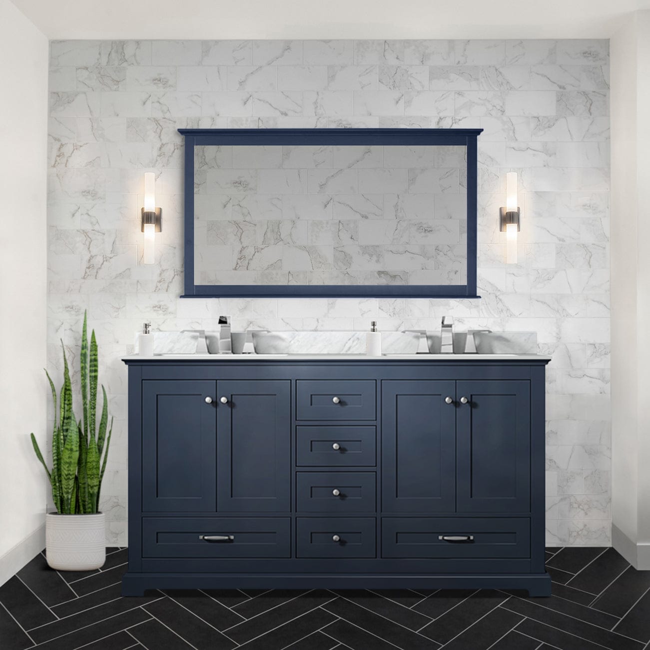 Lexora Bathroom Vanity Navy Blue / Carrara Marble / No Mirror Dukes 60" x 22" Double Bath Vanity