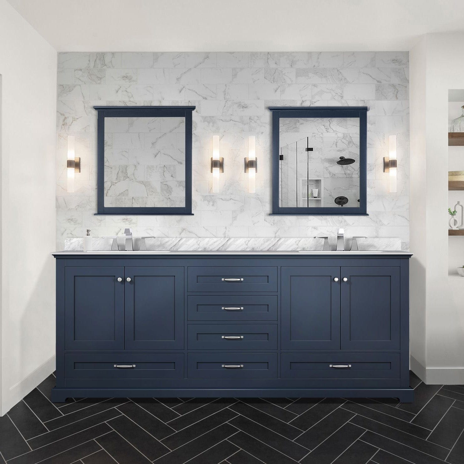 Lexora Bathroom Vanity Navy Blue / Carrara Marble / No Mirror Dukes 80" x 22" Double Bath Vanity
