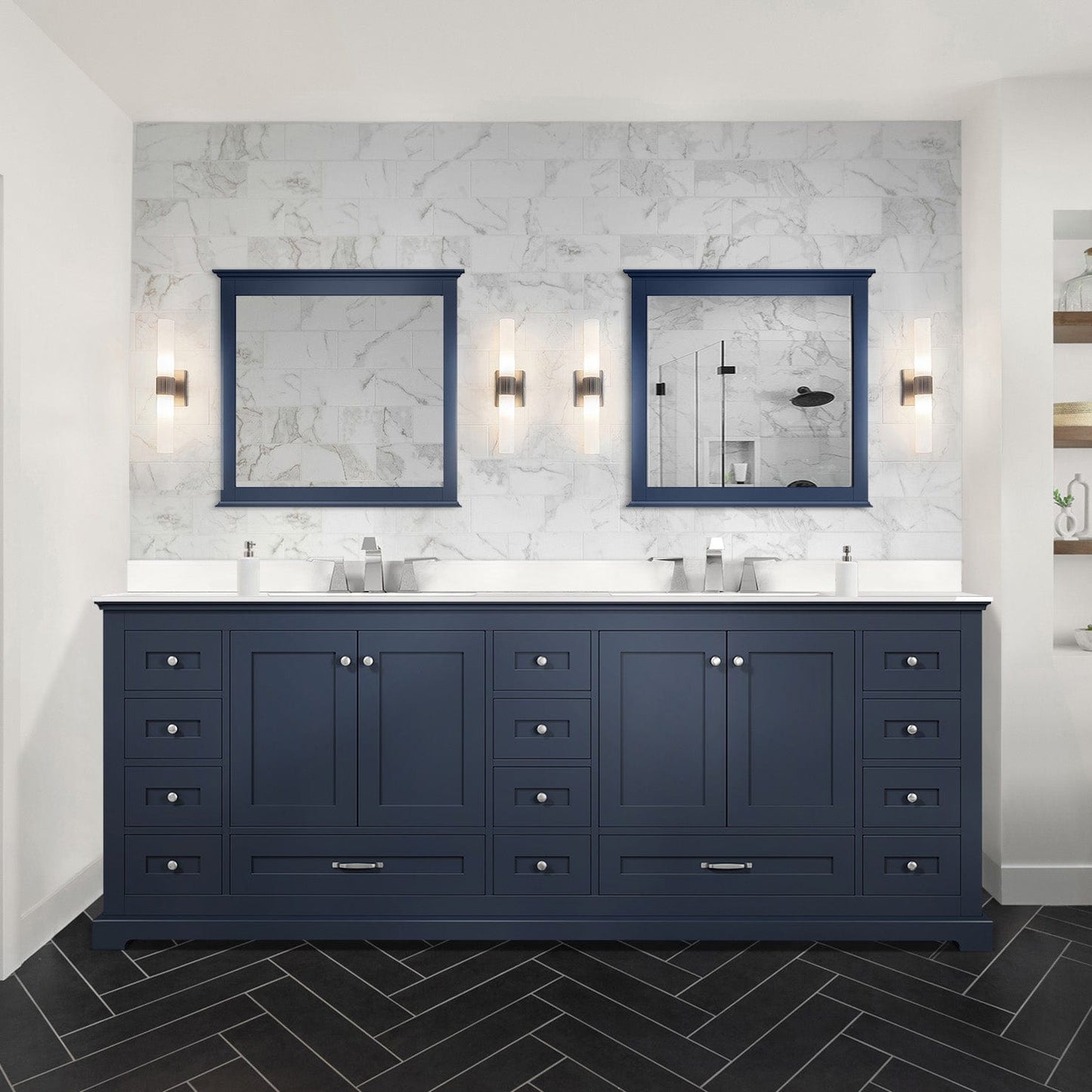 Lexora Bathroom Vanity Navy Blue / Cultured Marble / 34" Mirrors (2) Dukes 84" x 22" Double Bath Vanity