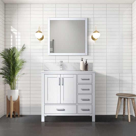 Lexora Bathroom Vanity White / Carrara Marble / No Mirror Big Sur 36" x 22" Left Offset Bath Vanity