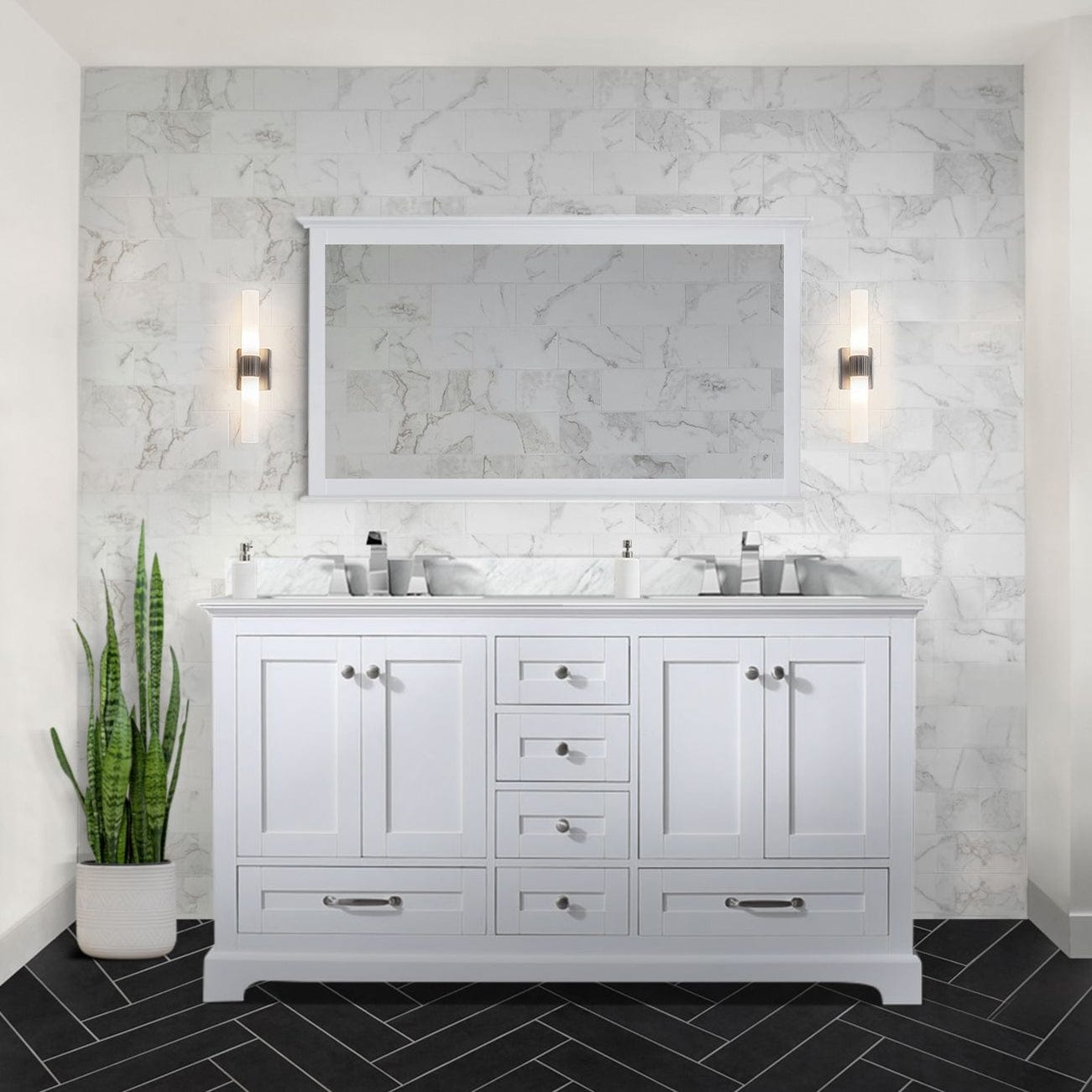 Lexora Bathroom Vanity White / Carrara Marble / No Mirror Dukes 60" x 22" Double Bath Vanity