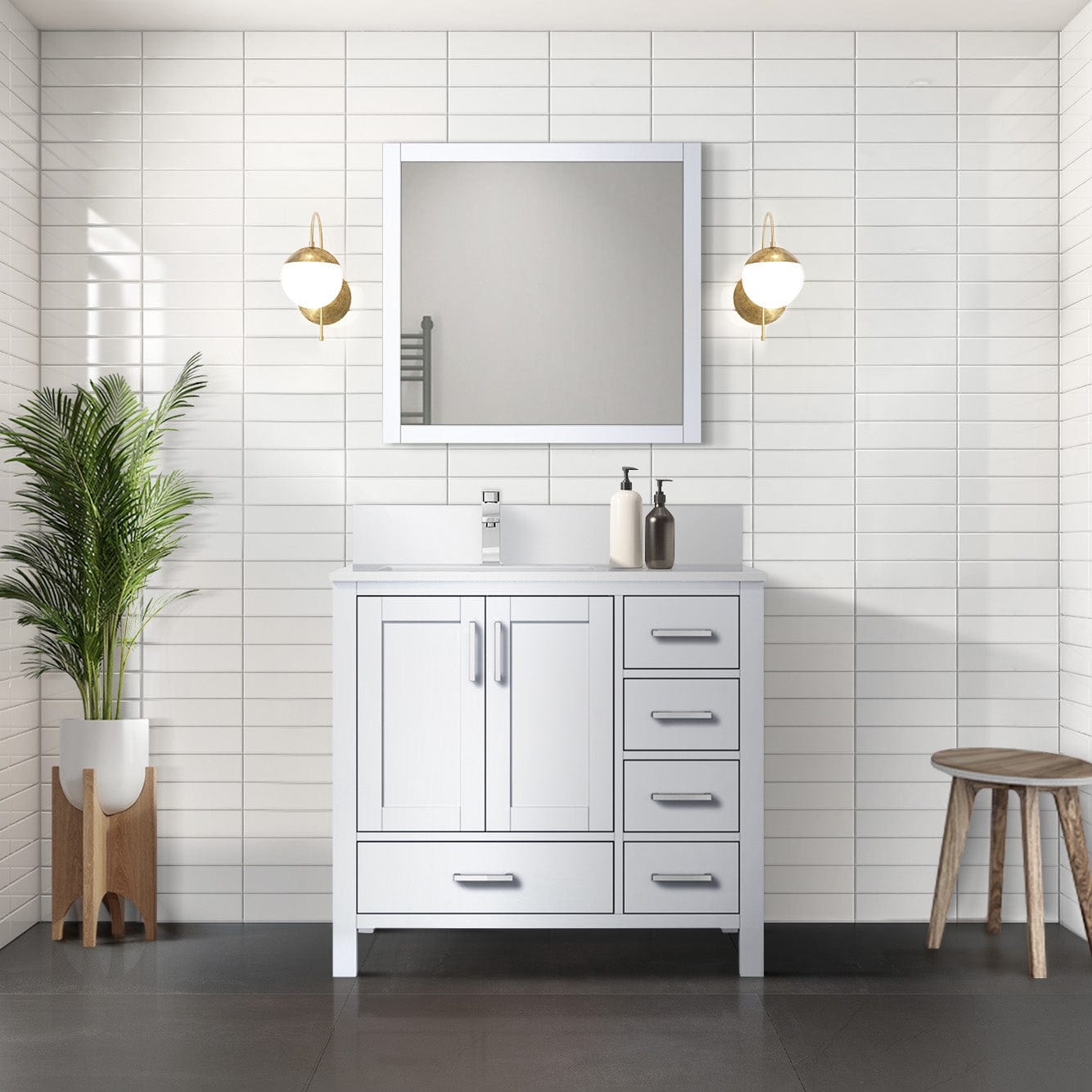 Lexora Bathroom Vanity White / White Quartz / No Mirror Big Sur 36" x 22" Right Offset Bath Vanity