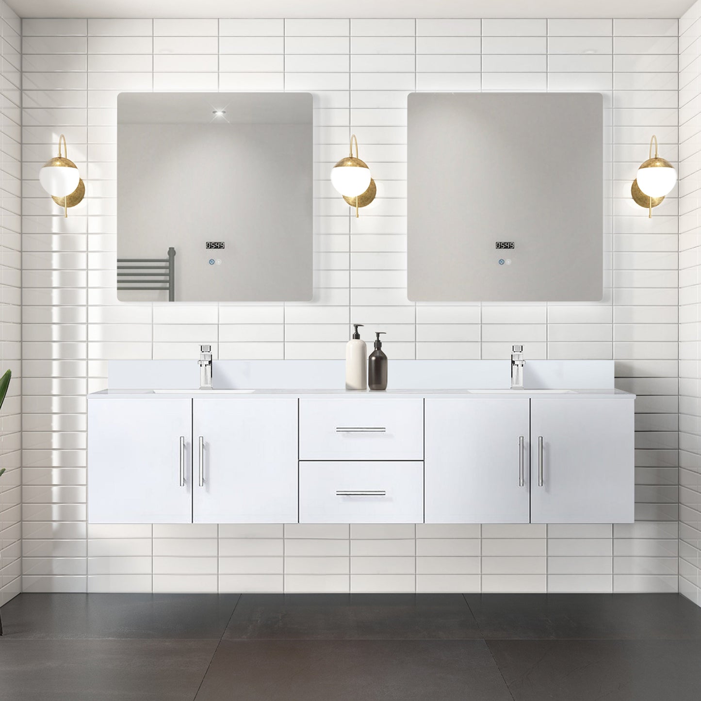 Lexora Bathroom Vanity White / White Quartz / No Mirror Geneva  80" x 22" Double Bath Vanity