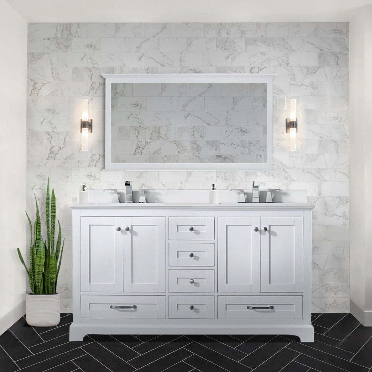 Lexora Bathroom Vanity White / White Quartz / No Mirror Dukes 60" x 22" Double Bath Vanity