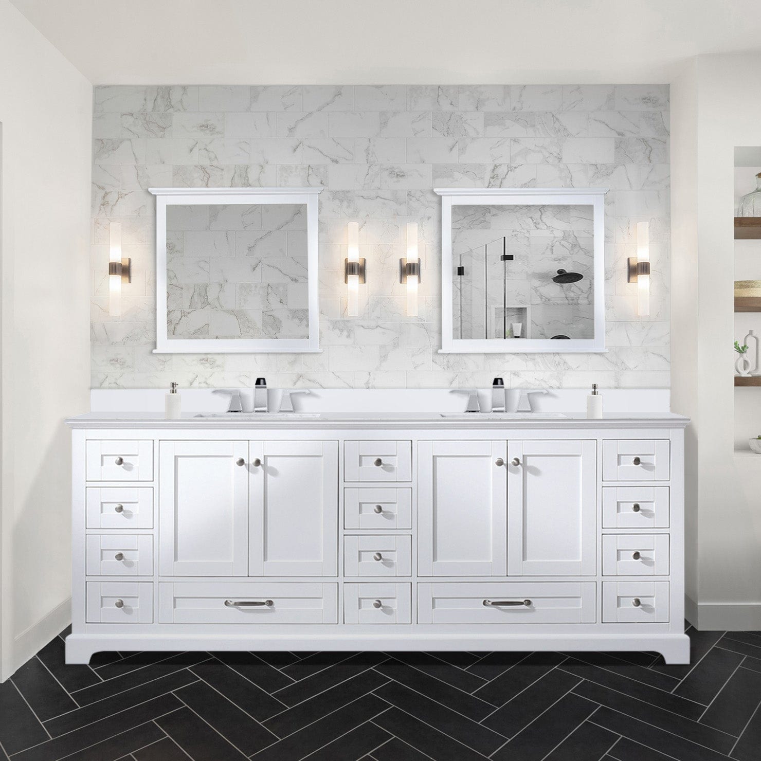 Lexora Bathroom Vanity White / White Quartz / No Mirror Dukes 84" x 22" Double Bath Vanity