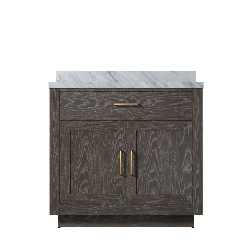 Abbey 36 in W x 22 in. D Brown Oak Single Bath Vanity and Carrara Marble Top