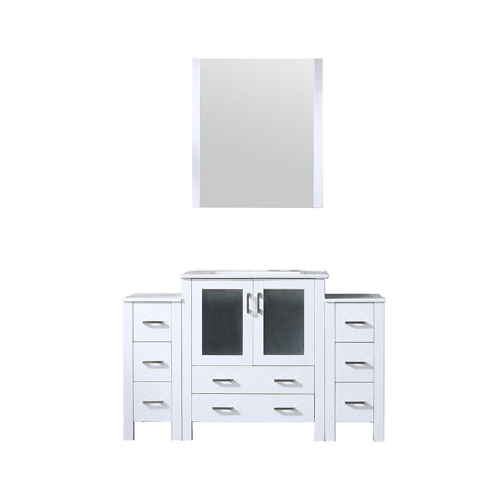 Volez 54 in W x 18.25 in. D White Bath Vanity with Side Cabinets, White Ceramic Top, and 28 in Mirror